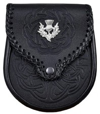 Double Embossed Scottish Leather Kilt Sporran w/Belt Black
