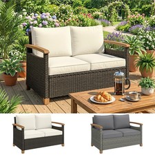 2 Seater Rattan Garden Sofa with Thick Cushions, Acacia Wood Armrests