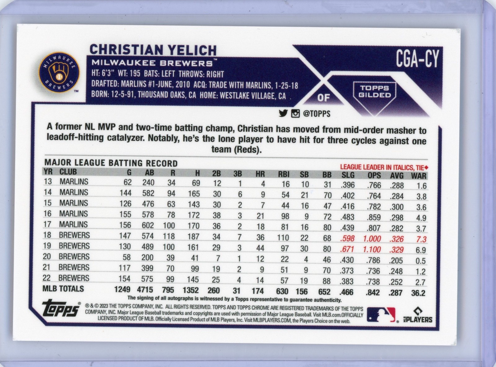 2023 Topps Chrome Gilded Christian Yelich Red Gold Refractor Auto 4/5 BREWERS view 2