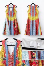 ASOS Folk Patchwork Midi Dress UK18 Lace Trim Bright Floral Boho Ethnic Print