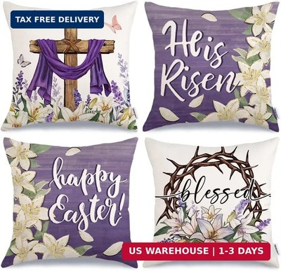 GEEORY Happy Easter He is Risen Throw Pillow Covers 18x18 Inch Set of 4, Cross F