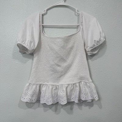 Justify White Smocked Eyelet Peplum Top Short Puff Sleeve Square Neck Large