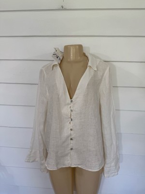 New ZARA Women's Long Sleeve Button Up Linen Blouse White size XL Y733A