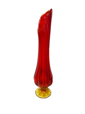 VINTAGE L E SMITH AMBERINA RED SWUNG / STRETCHED RIBBED GLASS VASE..17.5". MCM