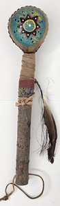 Native American Rawhide Leather Beaded Hand-Painted Rattle Eye of Medicine Man