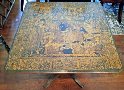 Antique Renaissance Tapestry Tilt-Top Game Table Elizabethan Parlor Accent Table