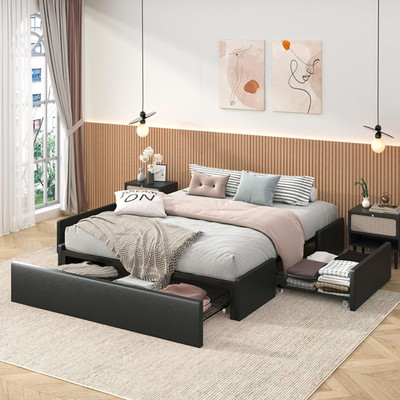 Modern Full Platform Bed Frame with 3 Storage Drawers/Wing Side Panel Design/Fau