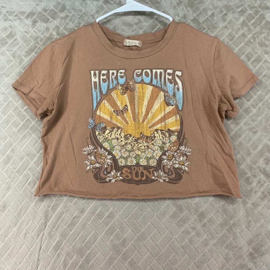 Altar'd State Shirt Womens Small Brown Cropped Beatles Lyrics Graphic Print