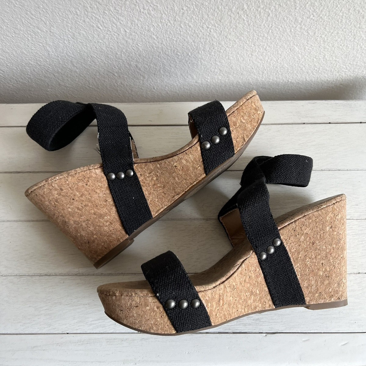 Lucky Brand Maxyne Black Cork Wedges Heels Sandals Shoes Size
