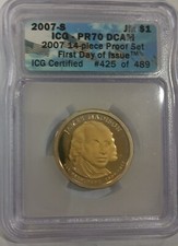 2007 S James Madison  ICG PR70 Proof Presidential Dollar, DCAM, 1st Day Issue