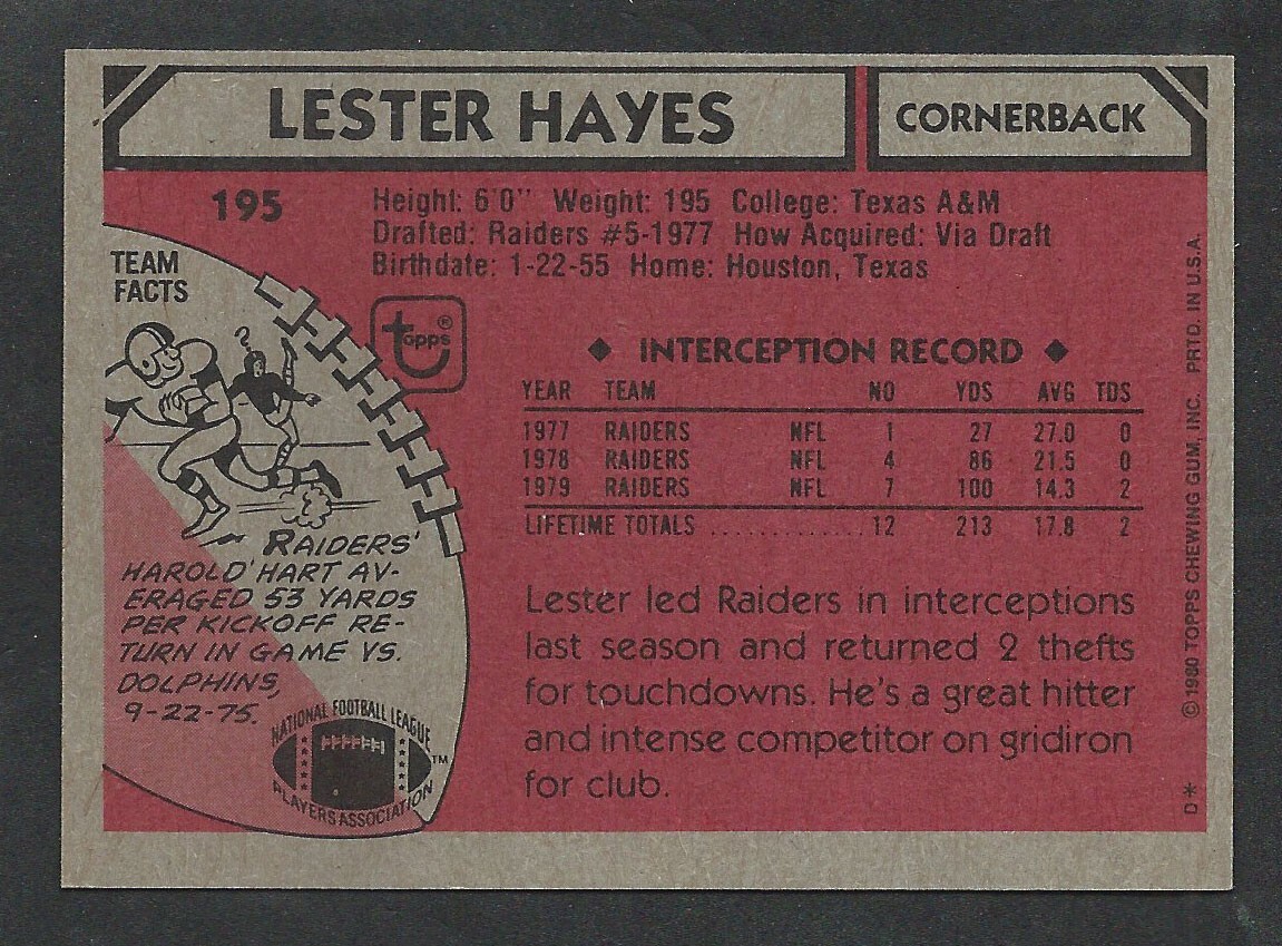 1980 Topps #195 LESTER HAYES Oakland Raiders ROOKIE - Future Hall