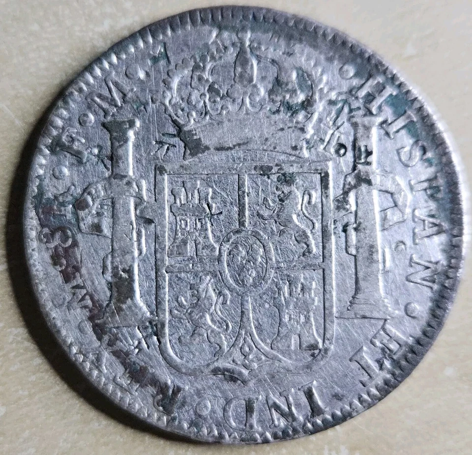 1793-Mo México 8 Reales Corona Plata Chop Marcas Salvamento Marítimo/Naufragio Foto 4 de 4
