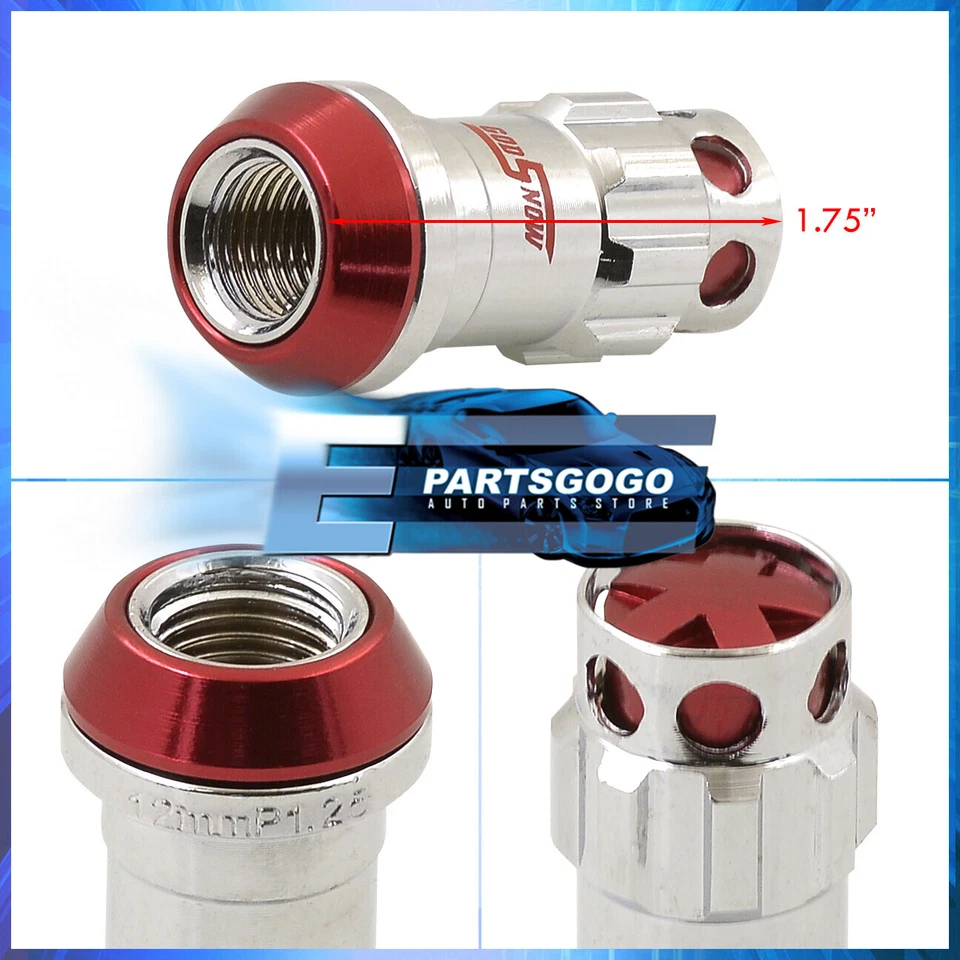 20PCS M12 x 1.25mm Open/Closed Extended Heavy Chrome Steel Racing Lug Nuts Red Foto 3 de 4