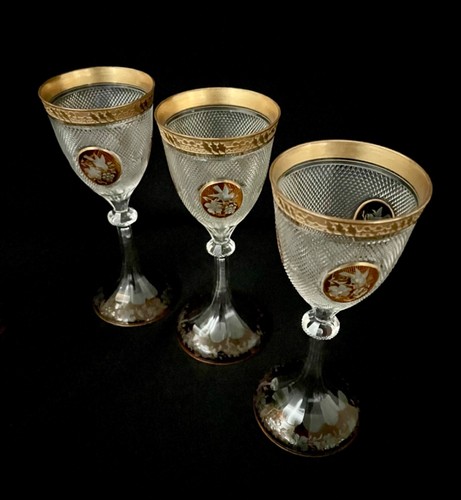 5 Antique Moser Style Bohemia Handcut Cut to Clear Glass Wine Stems Gilded - Picture 4 of 12