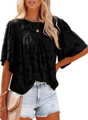 NWT Cottagecore Black Flowy Chiffon Blouse with Flutter Sleeves Medium
