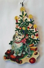 CAT w CANDLE-LIT TREE, TEDDY BEAR  * Glitter CHRISTMAS ORNAMENT * Vtg Img