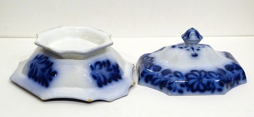 HUGE! 1850's FLOW BLUE Antique JOSEPH HEATH'S FLOWER Footed COVERED SERVING BOWL - Picture 3 of 11