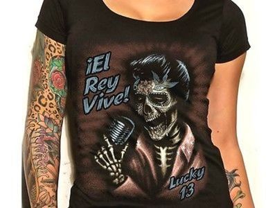 Womens Lucky 13 El Rey Vive Scoop Neck Punk Tattoo Goth Shirt S M L Xl Xxl