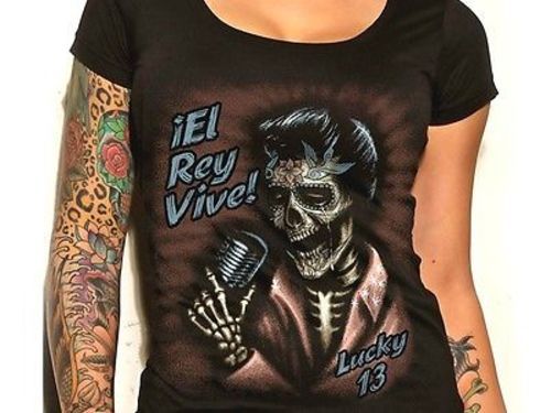 Womens Lucky 13 El Rey Vive Scoop Neck Punk Tattoo Goth Shirt S M L Xl Xxl - Picture 1 of 3