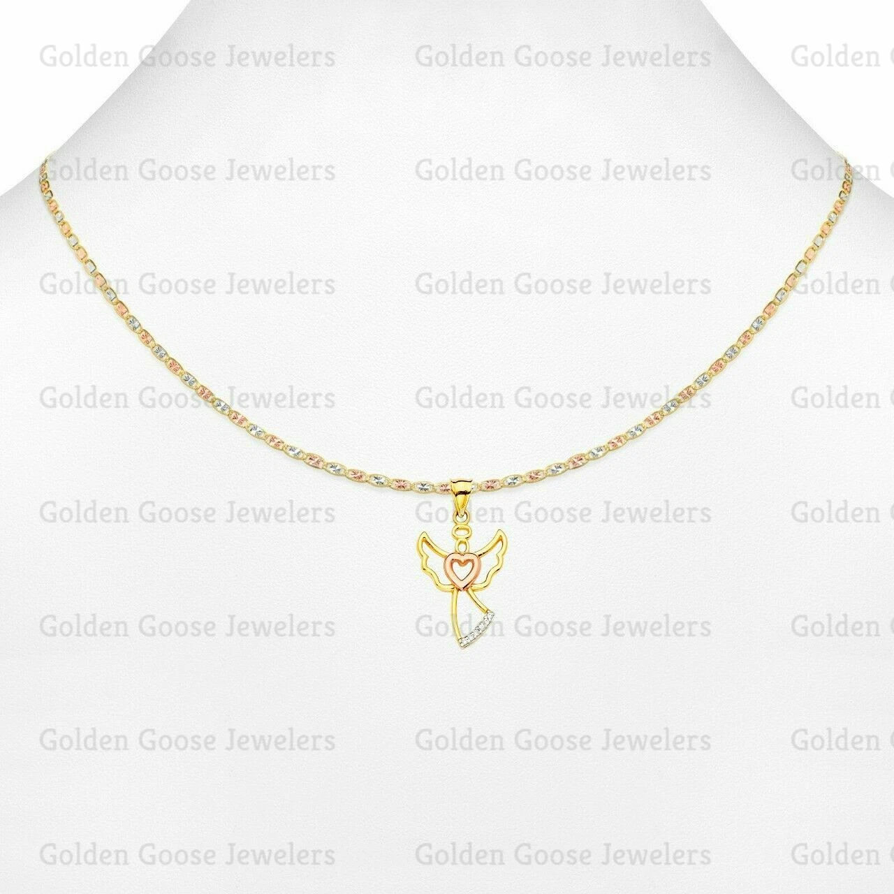 Ciondolo con ali d'angelo in vero oro rosa o giallo 14 kt zirconi catena Valentino