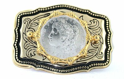 Antiqued Gold Color Western 1921 Morgan Silver Dollar Belt Buckle