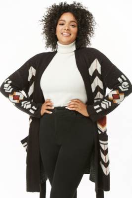 Forever 21 Plus Size Black Multi Tribal-Inspired Shawl Cardigan 2X