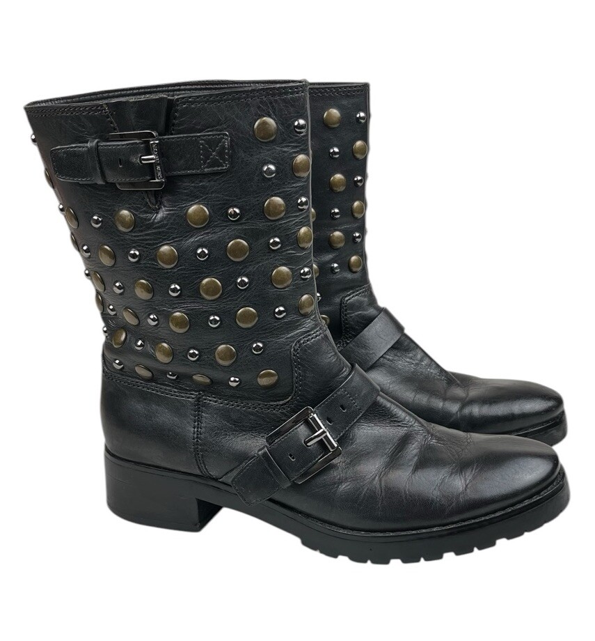 Michael Kors Studded Leather Boots Women 7.5M Black Motorcycle 