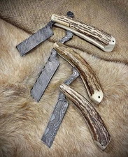 UBR CUSTOM HANDMADE DAMASCUS STEEL SET OF 3 SHAVING RAZOR WITH STAG HORN HANDLE