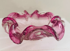 Vtg Murano Cranberry Glass Ashtray w controlled bubbles 7"W
