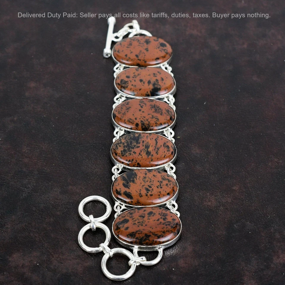 Brazalete de obsidiana de caoba de plata de ley 925 ajustable de piedras preciosas reales Foto 3 de 4