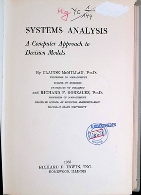 Systems Analysis Irwin Series in Quantitative Analysis for Business McMillan, Cl