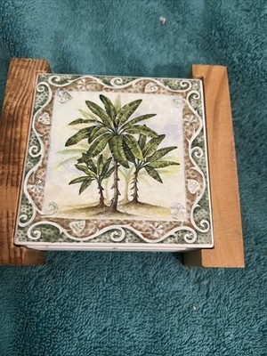 Palm Tree Ceramic Coaster Cork Back Wood Holder