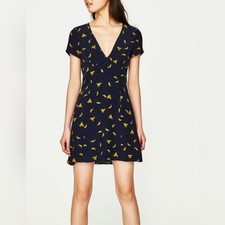 ZARA Women's Dress Size XS - Navy Short Sleeve V Neck Banana Print