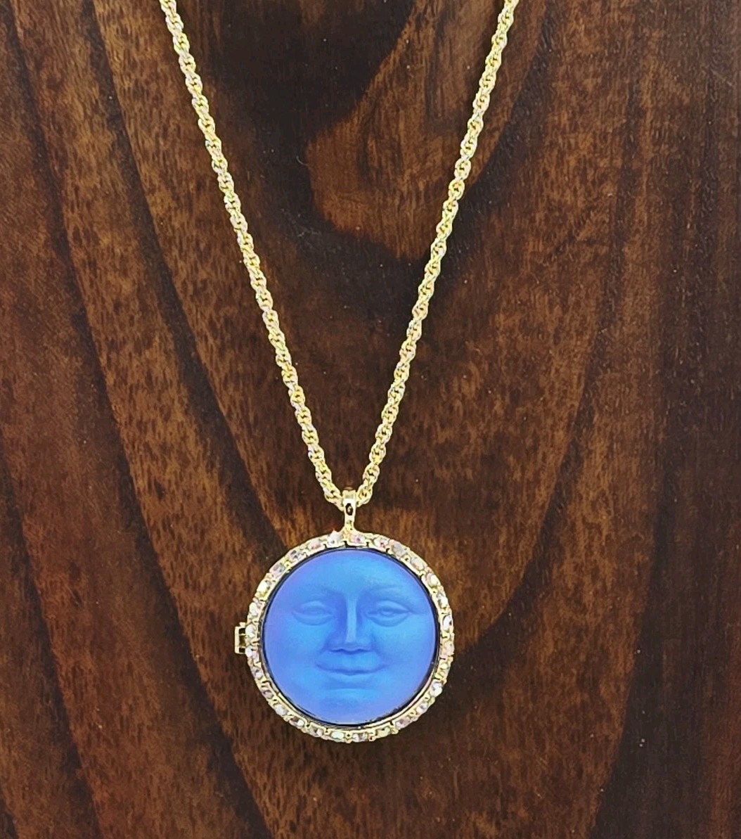 Kirks Folly Love Never Dies Glass Seaview Moon Locket Necklace Gold tone Blue AB