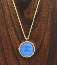 Kirks Folly Love Never Dies Glass Seaview Moon Locket Necklace Gold tone Blue AB