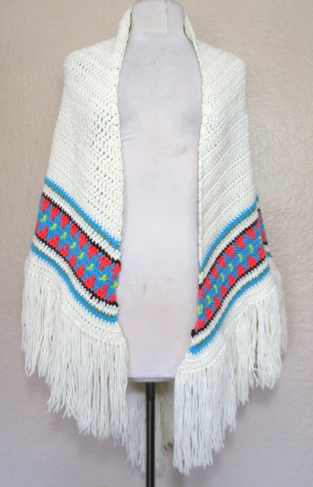 Mantón de ganchillo vintage años 70 flecos blanco multicolor hecho a mano casa de campo de la abuela Foto 2 de 4