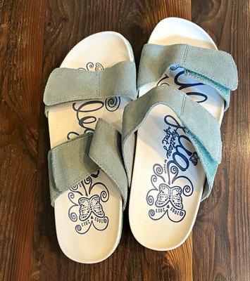 Alegria Women's Blue/White Leather Slide Sandals Hook & Loop