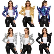 Women Holographic Party Crop Blazer Disco Jacket Open Front Metallic Nightclub