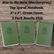 Rite in the Rain Top Spiral Notebook 3" x 5" Green Polydura All Weather 3 Pack