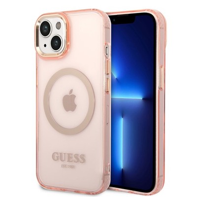 Guess Hülle für iPhone 14 Plus Hülle Rosa Case Gold Outline Translucent MagSafe