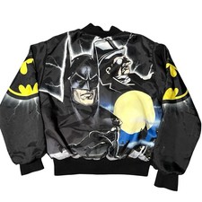 Vintage Chalk Line Batman Returns Jacket Kid s 10-12 Black Satin Bomber AOP 90s