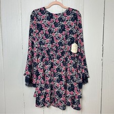 Altar'd State NWT Navy Pink Floral Lace Trim Bell Sleeve Mini Dress Size M