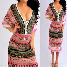 ASHLEY STEWART Pink Taupe Black Striped Chevron Sweater Kimono Dress 26 28 XXXL