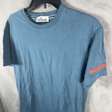 Stone Island Mens Short Sleeve Crew Neck T-Shirt Blue Orange Sleeve Logo Size L