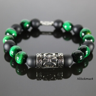 Herren Armband Dehnbar-Onyx,Grüne Tigeraugenperlen& ein  Fleur De Lis Charm 3cm