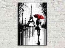 Paris Street Scene Canvas, Woman with Red Umbrella Wall Art, Black and White