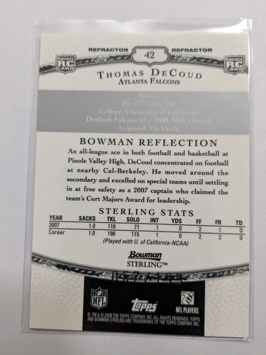 2008 Bowman Sterling Refractors /199 #42 THOMAS DECOUD RC rookie ATLANTA FALCONS - Picture 2 of 2