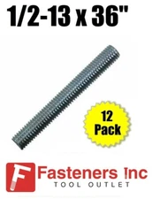 1/2-13 X 36" (3ft) Long Zinc Plated LowCarbon Steel Fully Threaded Rod (12 Pack)