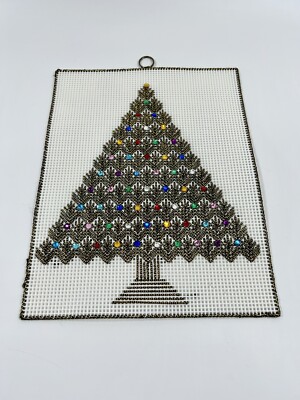 Vintage Yarn Art and Bead Christmas Tree Wall Hanging Gems Jewels Sparkle