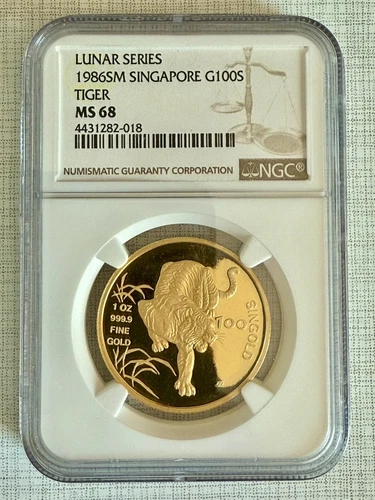 Singapore 1986 Year of Tiger 100 Singold 1 oz Gold NGC MS68 SKU# 3523
